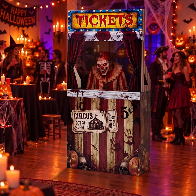 Alt view image 7 of 7 - Circus Halloween Decorations Creepy Clown Carnival Ticket Booth Photo Prop Cardboard Circus Ticket Booth Stand with a 7 Liter Water Weight Bag (No Water), Photo Prop Decorative Sign for Party