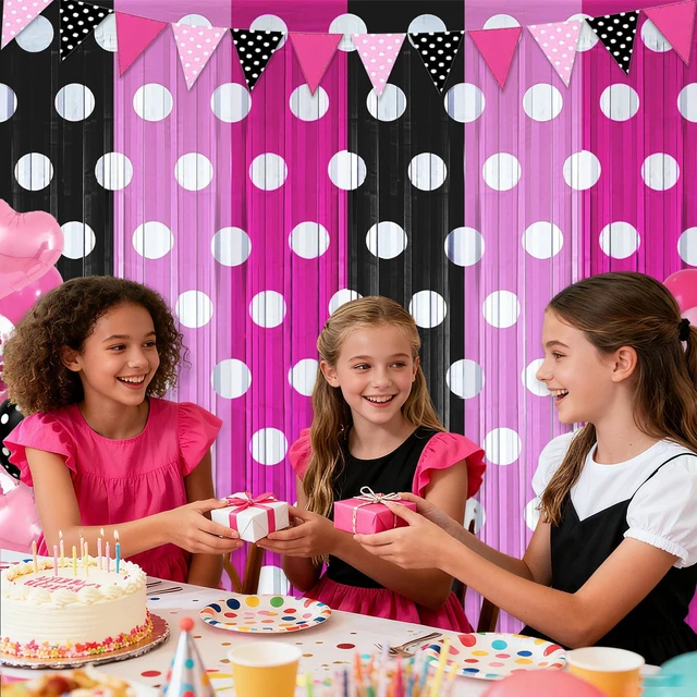 Alt view image 4 of 5 - Pink Cartoon Mouse Foil Fringe Curtains 2 Pack 3.2x6.6ft Party Backdrop Pink Black Tinsel Streamers Backdrop Baby Shower Cartoon Mouse Color Birthday Party Decorations Favor Supplies