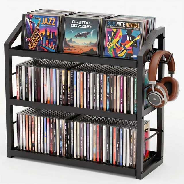 Main image of 3-Tier CD Holder, Sturdy Steel CD Storage Rack for Display, Holds 125 CDs Versatile CD Organizer with Top Display Shelf, Reversible Trays, Headphone Hook for Home Office Gaming Room Kitchen Counter