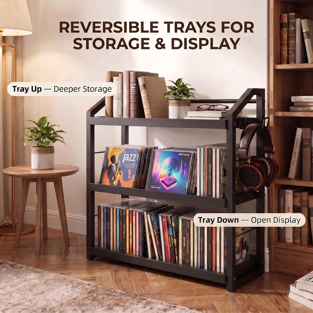 Alt view image 6 of 7 - 3-Tier CD Holder, Sturdy Steel CD Storage Rack for Display, Holds 125 CDs Versatile CD Organizer with Top Display Shelf, Reversible Trays, Headphone Hook for Home Office Gaming Room Kitchen Counter