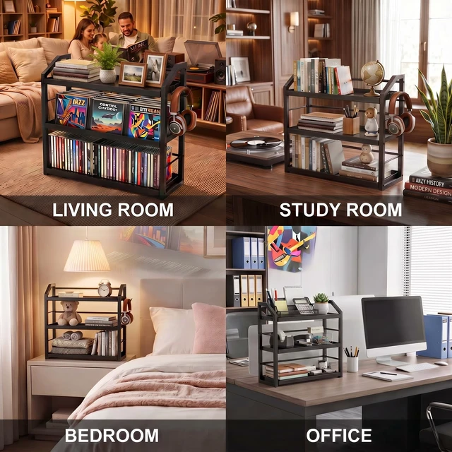 Alt view image 7 of 7 - 3-Tier CD Holder, Sturdy Steel CD Storage Rack for Display, Holds 125 CDs Versatile CD Organizer with Top Display Shelf, Reversible Trays, Headphone Hook for Home Office Gaming Room Kitchen Counter