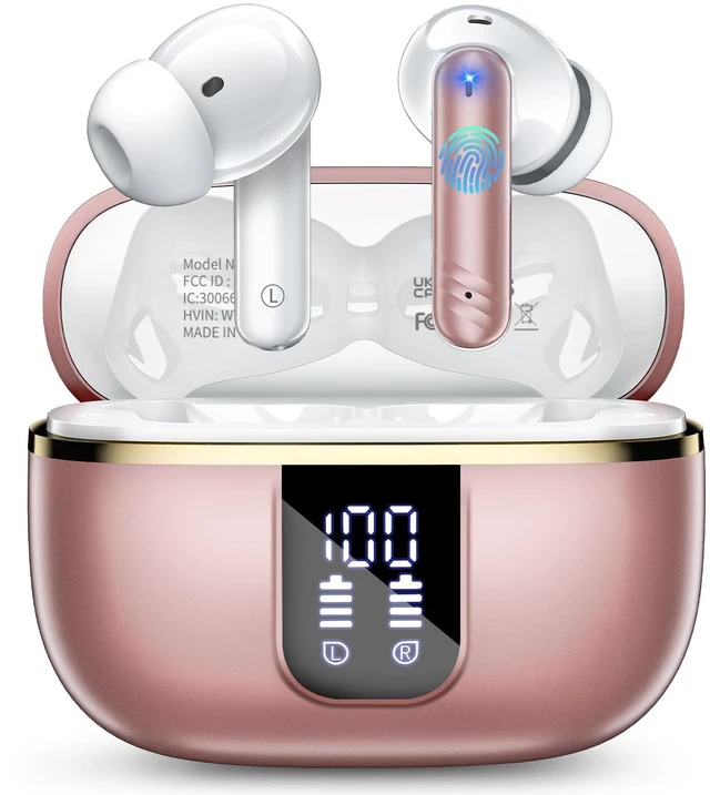 Main image of Wireless Earbuds, Bluetooth 5.4 Headphones with 4 Noise Cancelling Mic 46H In-Ear Buds with 3D Bass Stereo, Small Ears, LED Display, Calls Sports Workout, IPX7 Earphones for Android iOS. Pink