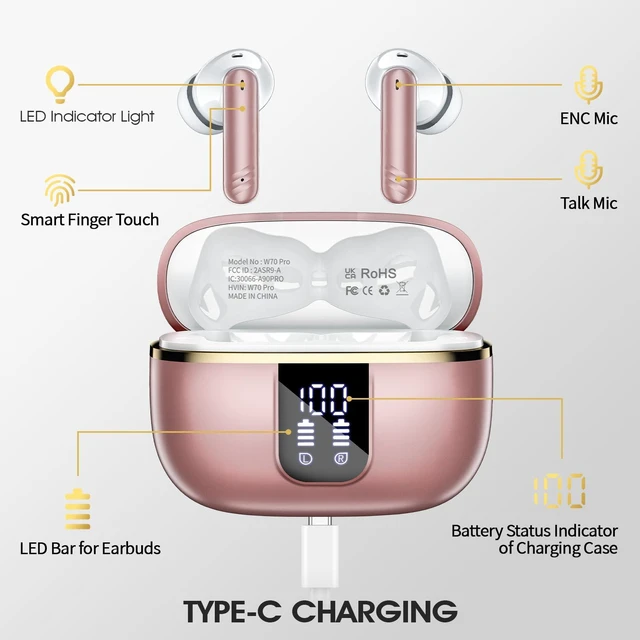 Alt view image 5 of 7 - Wireless Earbuds, Bluetooth 5.4 Headphones with 4 Noise Cancelling Mic 46H In-Ear Buds with 3D Bass Stereo, Small Ears, LED Display, Calls Sports Workout, IPX7 Earphones for Android iOS. Pink