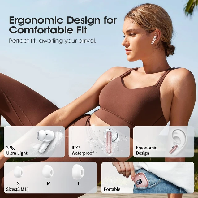 Alt view image 7 of 7 - Wireless Earbuds, Bluetooth 5.4 Headphones with 4 Noise Cancelling Mic 46H In-Ear Buds with 3D Bass Stereo, Small Ears, LED Display, Calls Sports Workout, IPX7 Earphones for Android iOS. Pink