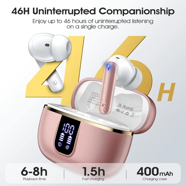 Alt view image 6 of 7 - Wireless Earbuds, Bluetooth 5.4 Headphones with 4 Noise Cancelling Mic 46H In-Ear Buds with 3D Bass Stereo, Small Ears, LED Display, Calls Sports Workout, IPX7 Earphones for Android iOS. Pink