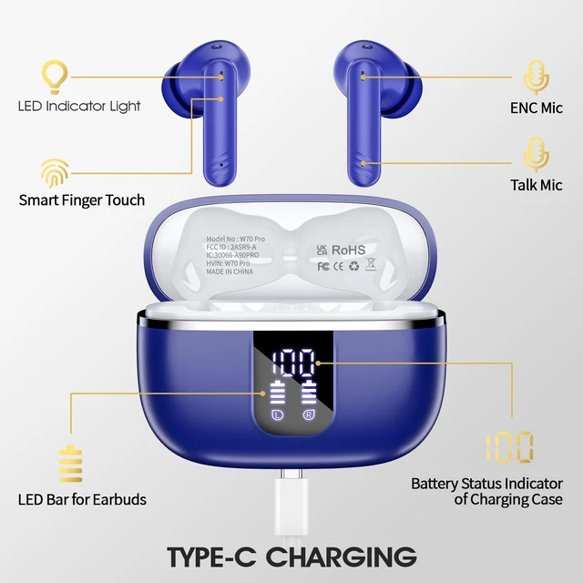 Alt view image 5 of 7 - Wireless Earbuds, Bluetooth 5.4 Headphones with 4 Noise Cancelling Mic 46H In-Ear Buds with 3D Bass Stereo, Small Ears, LED Display, Calls Sports Workout, IPX7 Earphones for Android iOS. Blue