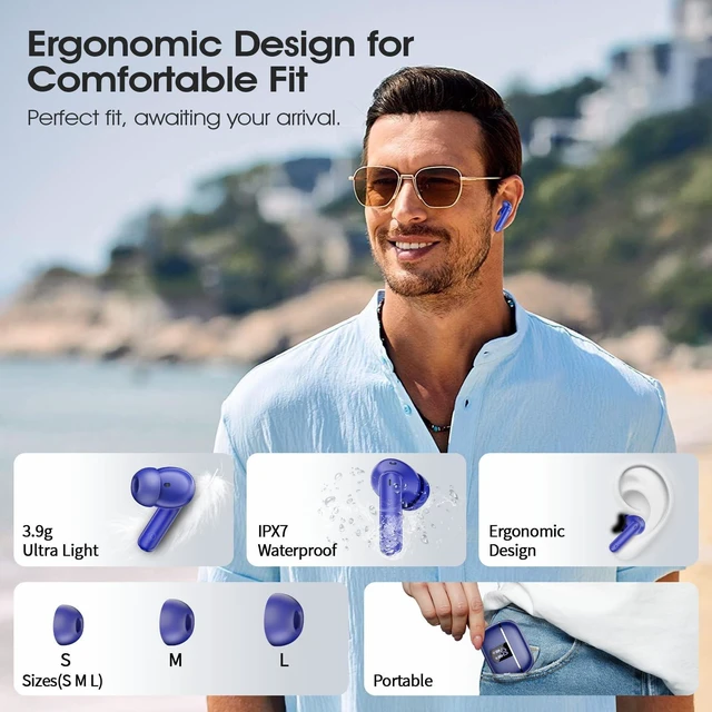 Alt view image 7 of 7 - Wireless Earbuds, Bluetooth 5.4 Headphones with 4 Noise Cancelling Mic 46H In-Ear Buds with 3D Bass Stereo, Small Ears, LED Display, Calls Sports Workout, IPX7 Earphones for Android iOS. Blue