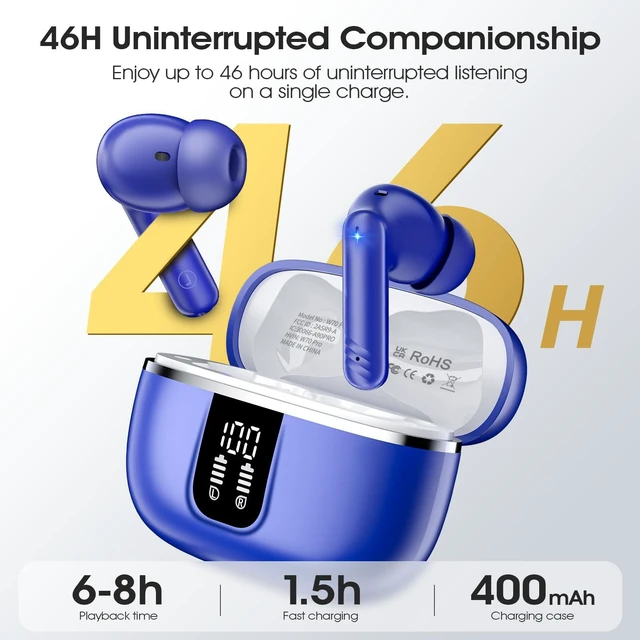 Alt view image 6 of 7 - Wireless Earbuds, Bluetooth 5.4 Headphones with 4 Noise Cancelling Mic 46H In-Ear Buds with 3D Bass Stereo, Small Ears, LED Display, Calls Sports Workout, IPX7 Earphones for Android iOS. Blue