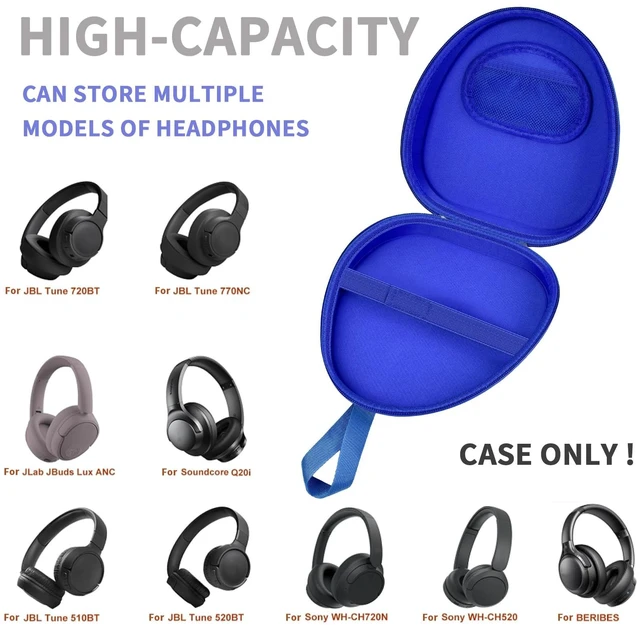 Alt view image 2 of 7 - Hard Shell Headphone Case with Secure Strap and Cable Pocket, Blue 7.87 x 6.8 x 0.9 in Interior, Shock-Resistant EVA for Commuters, Students and Travelers, Fits Most Foldable Over-Ear Headphon