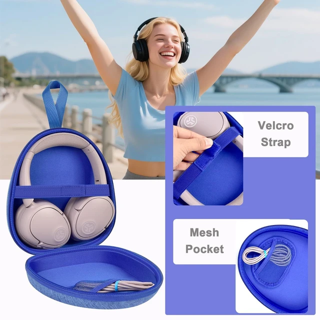 Alt view image 4 of 7 - Hard Shell Headphone Case with Secure Strap and Cable Pocket, Blue 7.87 x 6.8 x 0.9 in Interior, Shock-Resistant EVA for Commuters, Students and Travelers, Fits Most Foldable Over-Ear Headphon