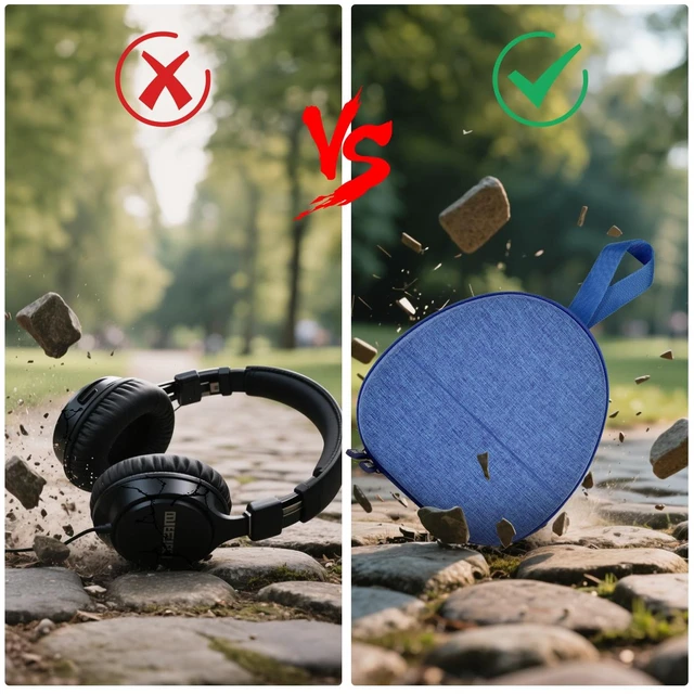 Alt view image 6 of 7 - Hard Shell Headphone Case with Secure Strap and Cable Pocket, Blue 7.87 x 6.8 x 0.9 in Interior, Shock-Resistant EVA for Commuters, Students and Travelers, Fits Most Foldable Over-Ear Headphon