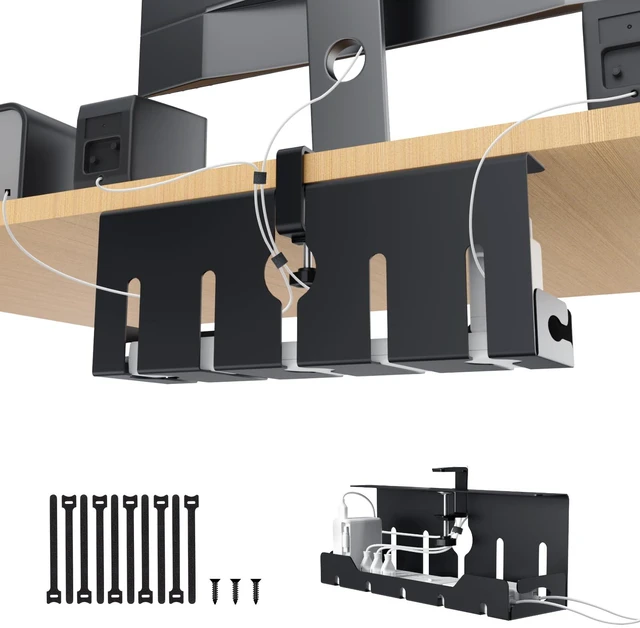 Main image of Under Desk Cable Management Tray 16 in, Cable Organizer Tray, Black Open Frame Cable Raceways, No Drill Clamp/Screw Mount, Metal Cable Hider, Power Cord Management for Home, Office, Studio