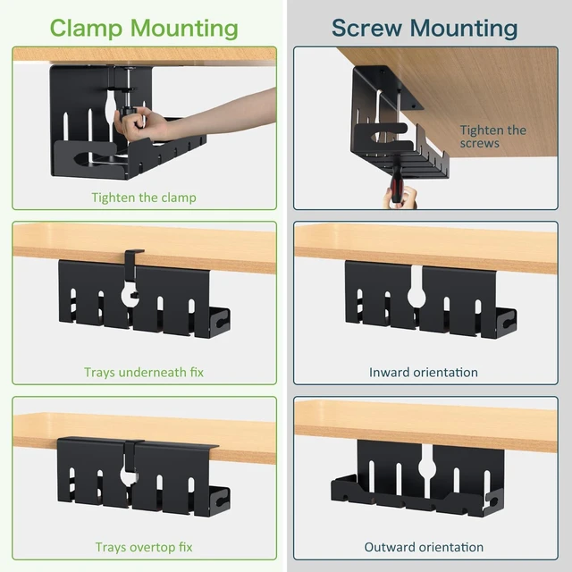 Alt view image 2 of 7 - Under Desk Cable Management Tray 16 in, Cable Organizer Tray, Black Open Frame Cable Raceways, No Drill Clamp/Screw Mount, Metal Cable Hider, Power Cord Management for Home, Office, Studio