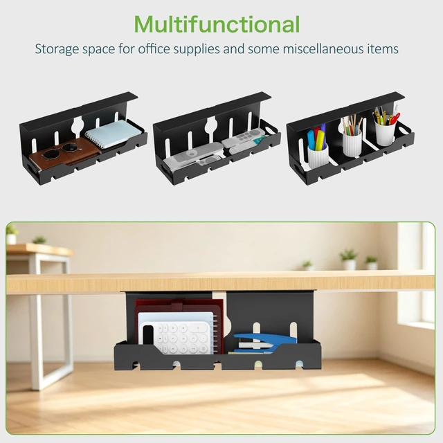Alt view image 4 of 7 - Under Desk Cable Management Tray 16 in, Cable Organizer Tray, Black Open Frame Cable Raceways, No Drill Clamp/Screw Mount, Metal Cable Hider, Power Cord Management for Home, Office, Studio