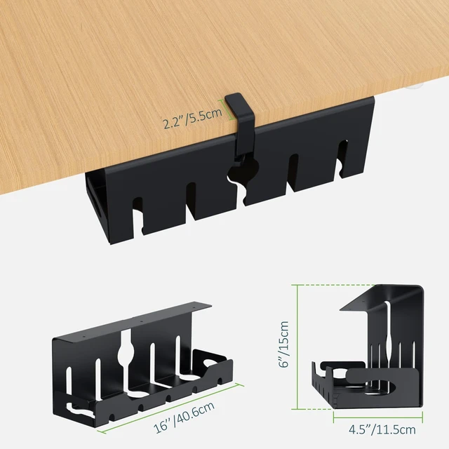 Alt view image 5 of 7 - Under Desk Cable Management Tray 16 in, Cable Organizer Tray, Black Open Frame Cable Raceways, No Drill Clamp/Screw Mount, Metal Cable Hider, Power Cord Management for Home, Office, Studio