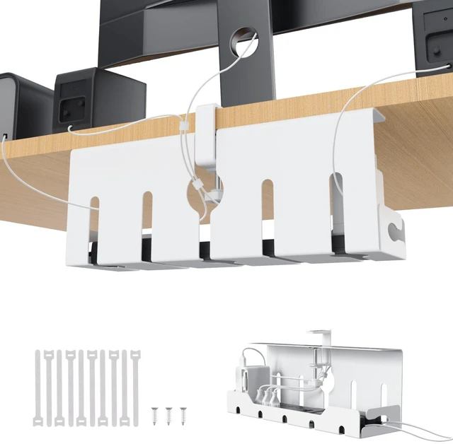 Main image of Under Desk Cable Management Tray 16 in, Cable Organizer Tray, White Open Frame Cable Raceways, No Drill Clamp/Screw Mount, Metal Cable Hider, Power Cord Management for Home, Office, Studio