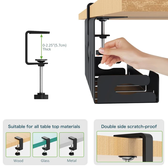 Alt view image 7 of 7 - Under Desk Cable Management Tray 16 in, Cable Organizer Tray, Black Open Frame Cable Raceways, No Drill Clamp/Screw Mount, Metal Cable Hider, Power Cord Management for Home, Office, Studio
