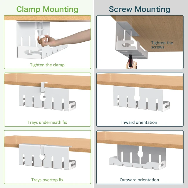 Alt view image 2 of 7 - Under Desk Cable Management Tray 16 in, Cable Organizer Tray, White Open Frame Cable Raceways, No Drill Clamp/Screw Mount, Metal Cable Hider, Power Cord Management for Home, Office, Studio