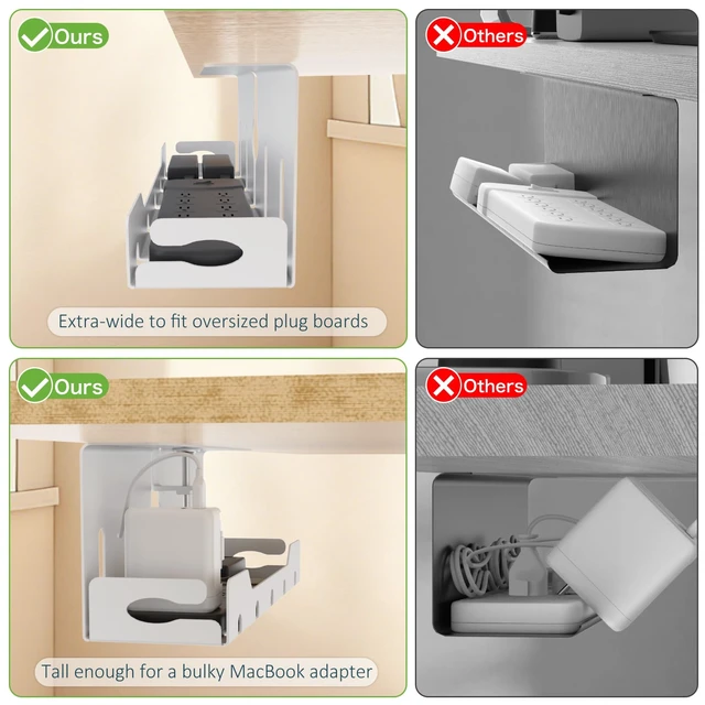 Alt view image 3 of 7 - Under Desk Cable Management Tray 16 in, Cable Organizer Tray, White Open Frame Cable Raceways, No Drill Clamp/Screw Mount, Metal Cable Hider, Power Cord Management for Home, Office, Studio