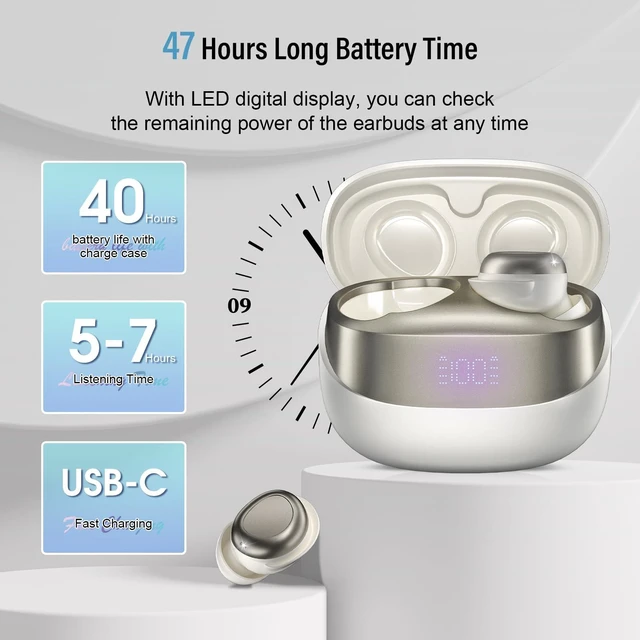 Alt view image 5 of 7 - Sleep Earbuds Bluetooth 5.4 in Ear Light-Weight Headphones, Mini Sleep Headphones Small Design for Side Sleepers, 47H Playtime with Charging Case, Clear Calls Earphones, Ivory White