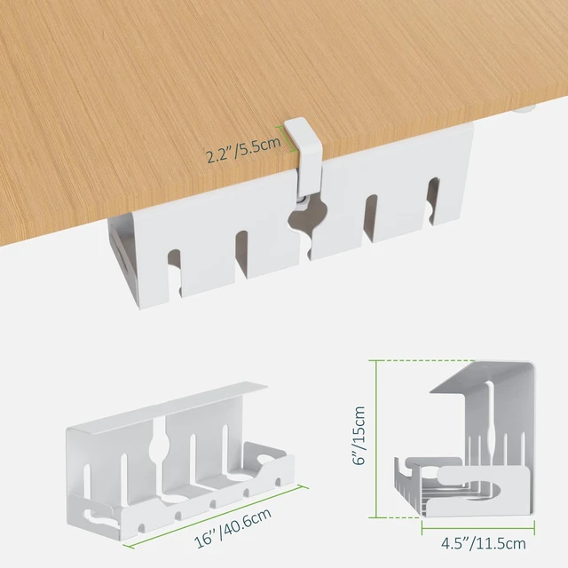 Alt view image 5 of 7 - Under Desk Cable Management Tray 16 in, Cable Organizer Tray, White Open Frame Cable Raceways, No Drill Clamp/Screw Mount, Metal Cable Hider, Power Cord Management for Home, Office, Studio
