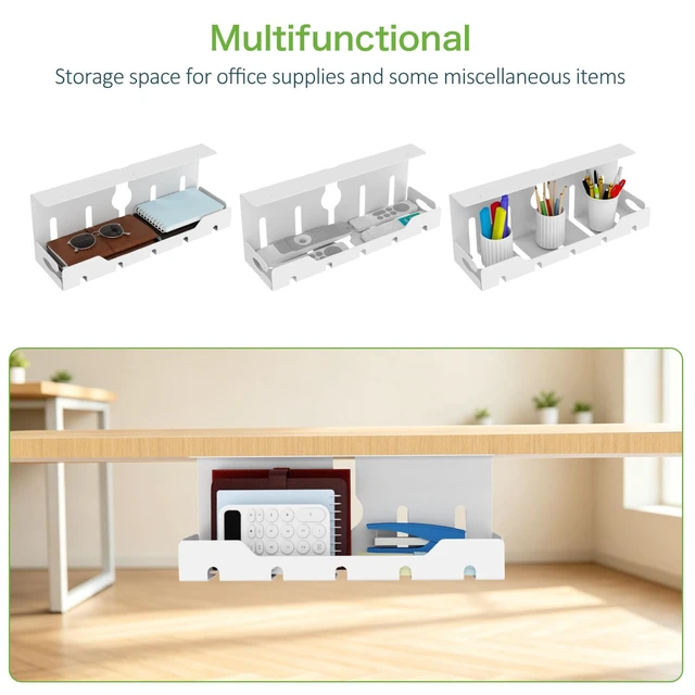 Alt view image 4 of 7 - Under Desk Cable Management Tray 16 in, Cable Organizer Tray, White Open Frame Cable Raceways, No Drill Clamp/Screw Mount, Metal Cable Hider, Power Cord Management for Home, Office, Studio
