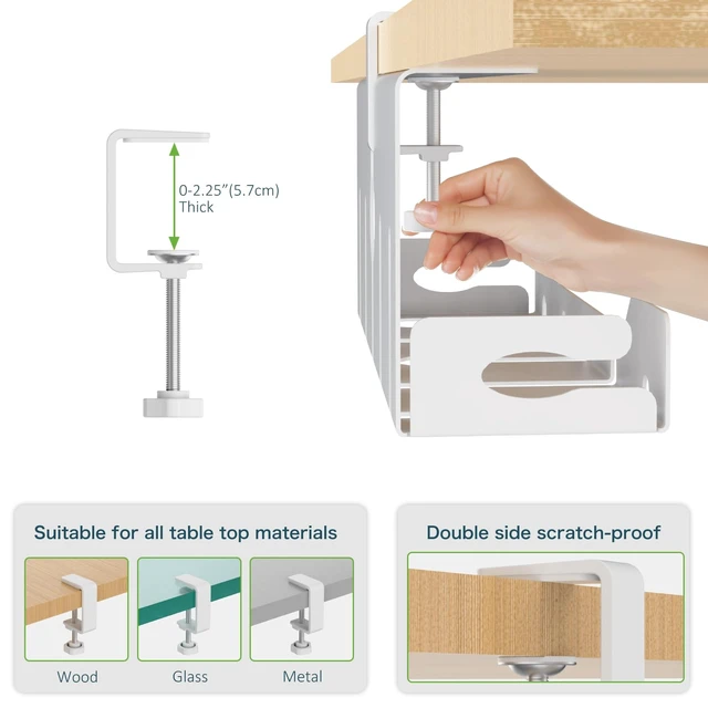 Alt view image 7 of 7 - Under Desk Cable Management Tray 16 in, Cable Organizer Tray, White Open Frame Cable Raceways, No Drill Clamp/Screw Mount, Metal Cable Hider, Power Cord Management for Home, Office, Studio