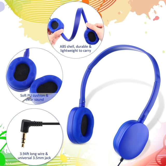 Alt view image 3 of 7 - 18 Pack Headphones Bulk Wired 3.5mm, Blue Adjustable Headband for Library & Learning Use, Compatible with Laptops and Tablets