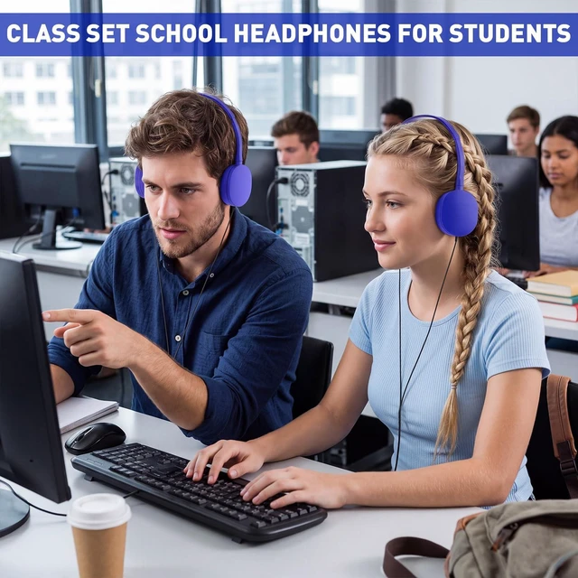 Alt view image 4 of 7 - 18 Pack Headphones Bulk Wired 3.5mm, Blue Adjustable Headband for Library & Learning Use, Compatible with Laptops and Tablets