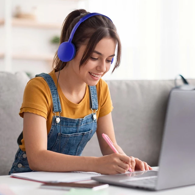 Alt view image 6 of 7 - 18 Pack Headphones Bulk Wired 3.5mm, Blue Adjustable Headband for Library & Learning Use, Compatible with Laptops and Tablets