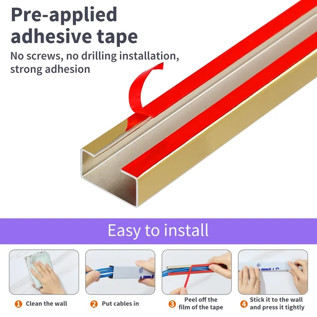 Alt view image 3 of 7 - Stainless Steel Management Raceway of Cables, 3-Pack 39.37in Metal Cable Condenser, Self-Adhesive Wire Cord Hider, No Screws No Drill On Wall Cable Cover Channels for Floor Home Office Kitchen
