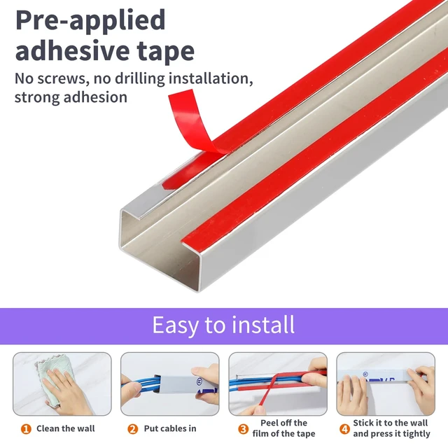 Alt view image 3 of 7 - Stainless Steel Management Raceway of Cables, 3-Pack 39.37in Metal Cable Condenser, Self-Adhesive Wire Cord Hider, No Screws No Drill On Wall Cable Cover Channels for Floor Home Office Kitchen