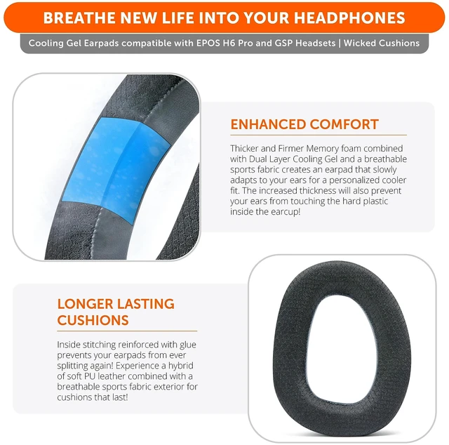Alt view image 4 of 7 - Freeze EPOS H6 Pro - Cooling Gel Earpads for EPOS H6 Pro Headphones Made by Wicked Cushions Also fits Sennheiser GSP600, GSP500, GSP550 & GSP670. Enhance Comfort & Durability Black