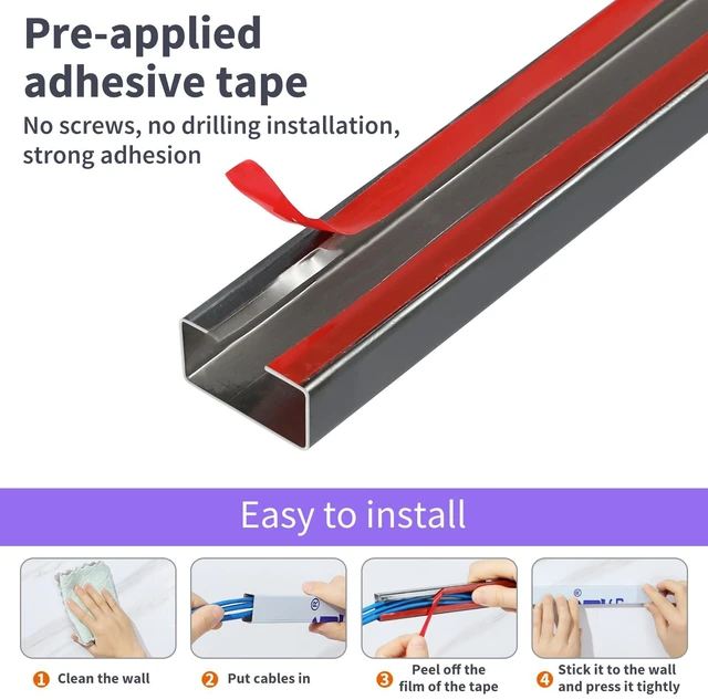 Alt view image 3 of 7 - Stainless Steel Management Raceway of Cables, 3-Pack 39.37in Metal Cable Condenser, Self-Adhesive Wire Cord Hider, No Screws No Drill On Wall Cable Cover Channels for Floor Home Office Kitchen