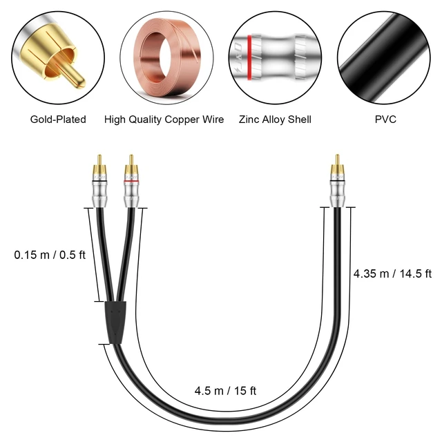 Alt view image 2 of 6 - RCA Cable, 1 RCA Male to 2 RCA Male Y-Splitter Digital Stereo Audio Cable Subwoofer Cord for Subwoofer, Home Theater, 15 Feet