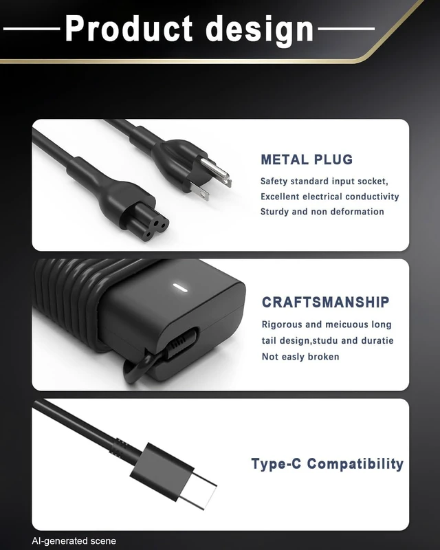 Alt view image 4 of 7 - 65W 60W USB Type C Charger Compatible with Dell Latitude 5540 5420 7400 5440 7440 3540 5520 7420 5430 7390 7320 5530 7430 3440 7340 5320 7410 7330 7530 XPS 13, Chromebook 3100 Type C Power Cord