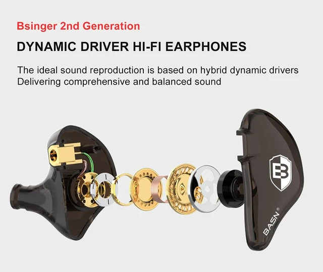 Alt view image 2 of 7 - Bsinger 2nd Generation in Ear Monitor Headphones for Musicians, Black Sound Isolating Earphones with Dual Dynamic Drivers Detachable MMCX Cable