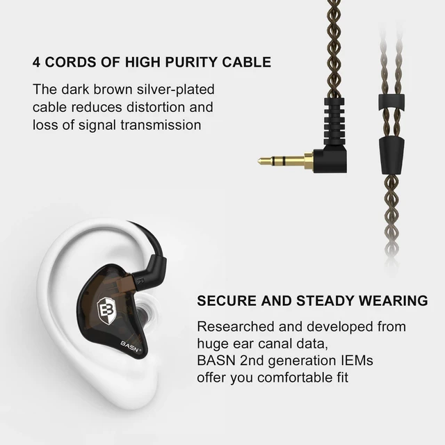 Alt view image 6 of 7 - Bsinger 2nd Generation in Ear Monitor Headphones for Musicians, Black Sound Isolating Earphones with Dual Dynamic Drivers Detachable MMCX Cable