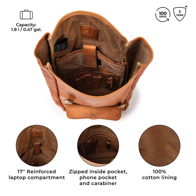 Alt view image 4 of 7 - Vintage Full Grain Leather Backpack Leeds, Travel Backpack, Laptop Backpack for Women and Men