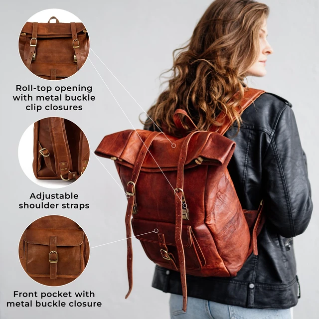 Alt view image 5 of 7 - Vintage Full Grain Leather Backpack Leeds, Travel Backpack, Laptop Backpack for Women and Men