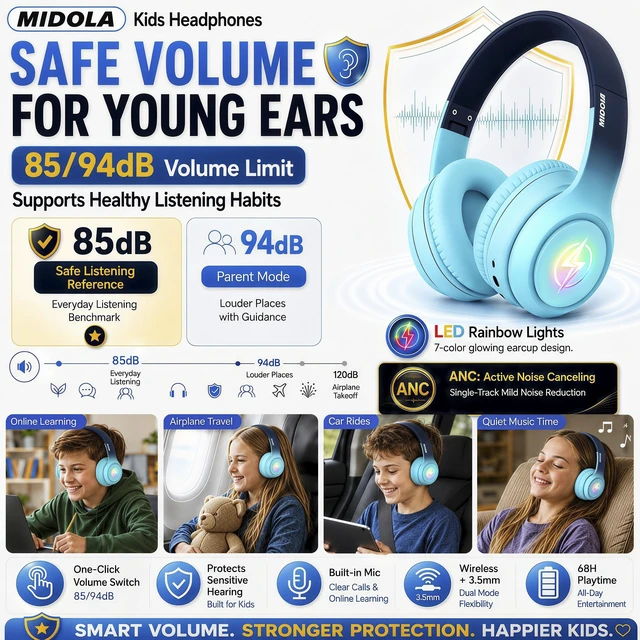 Alt view image 3 of 7 - Kids Bluetooth Headphones Wireless Over-Ear,60H/8H with LED Light,85/94dB Volume Limit,Active Noise Cancelling,Foldable Over-Ear for Toddler School/Home Girls Boys Tablet,Stereo Sound,Built-in Mic