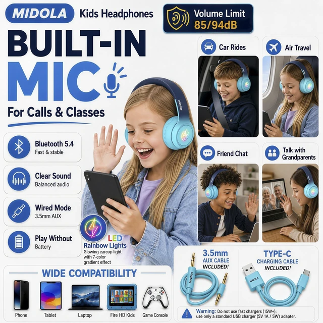 Alt view image 5 of 7 - Kids Bluetooth Headphones Wireless Over-Ear,60H/8H with LED Light,85/94dB Volume Limit,Active Noise Cancelling,Foldable Over-Ear for Toddler School/Home Girls Boys Tablet,Stereo Sound,Built-in Mic