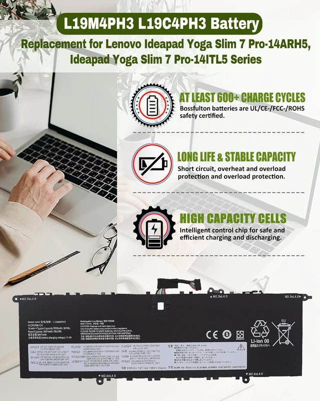 Alt view image 3 of 7 - 61Wh L19M4PH3 L19C4PH3 L19D4PH3 Battery for Ideapad Yoga Slim 7 Pro-14ARH5 Pro-14ITL5 Pro-14IHU5 Pro-14ACH5 Pro-14IAP7 Series Parts Number SB10Z49515 SB10Z49516 SB10Z49517-15.44V 4-Cell