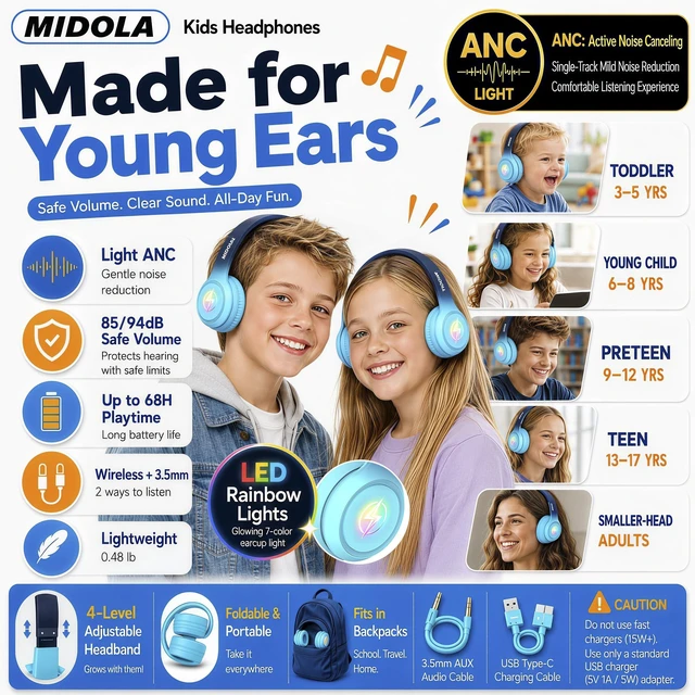 Alt view image 6 of 7 - Kids Bluetooth Headphones Wireless Over-Ear,60H/8H with LED Light,85/94dB Volume Limit,Active Noise Cancelling,Foldable Over-Ear for Toddler School/Home Girls Boys Tablet,Stereo Sound,Built-in Mic