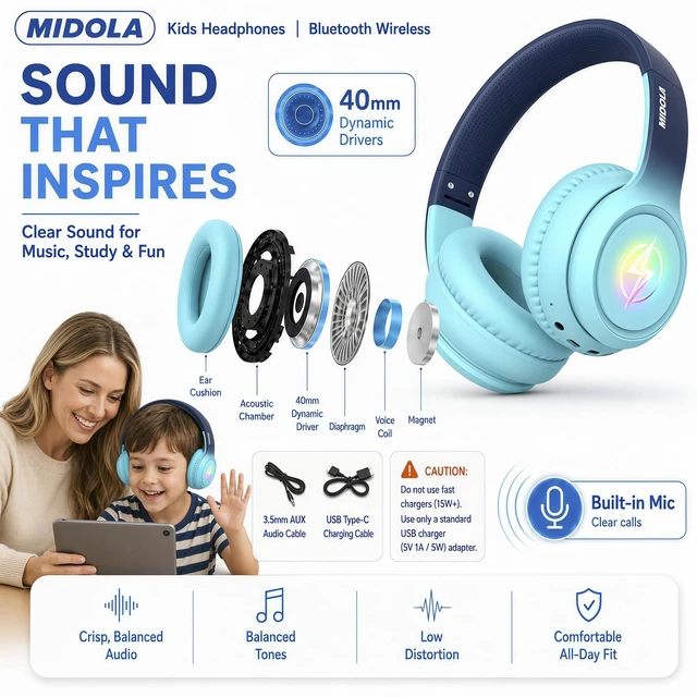 Alt view image 7 of 7 - Kids Bluetooth Headphones Wireless Over-Ear,60H/8H with LED Light,85/94dB Volume Limit,Active Noise Cancelling,Foldable Over-Ear for Toddler School/Home Girls Boys Tablet,Stereo Sound,Built-in Mic