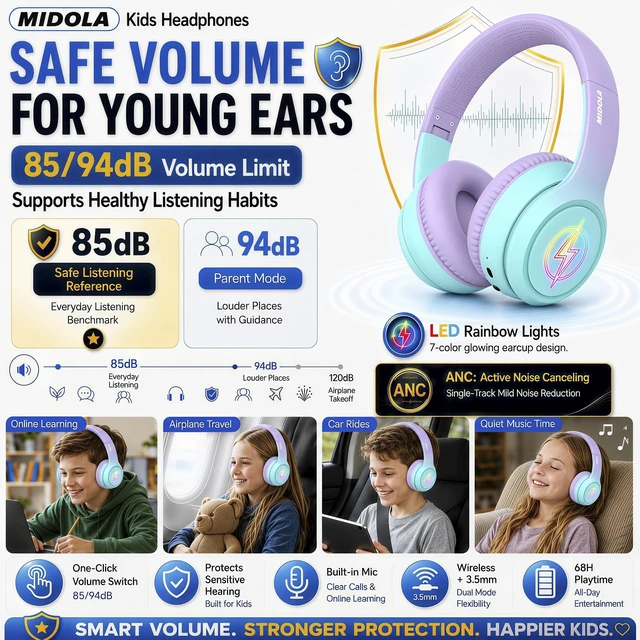Alt view image 3 of 7 - Kids Bluetooth Headphones Wireless Over-Ear,60H/8H with LED Light,85/94dB Volume Limit,Active Noise Cancelling,Foldable Over-Ear for Toddler School/Home Girls Boys Tablet,Stereo Sound,Built-in Mic
