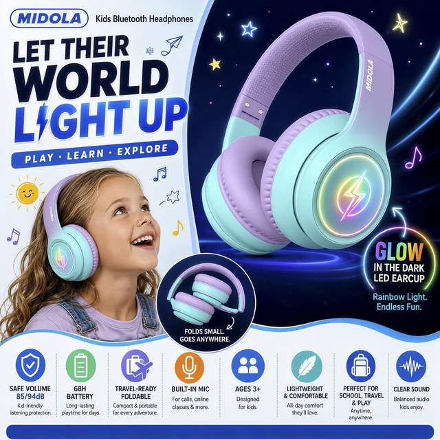 Alt view image 2 of 7 - Kids Bluetooth Headphones Wireless Over-Ear,60H/8H with LED Light,85/94dB Volume Limit,Active Noise Cancelling,Foldable Over-Ear for Toddler School/Home Girls Boys Tablet,Stereo Sound,Built-in Mic