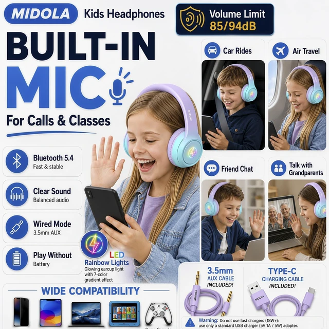 Alt view image 5 of 7 - Kids Bluetooth Headphones Wireless Over-Ear,60H/8H with LED Light,85/94dB Volume Limit,Active Noise Cancelling,Foldable Over-Ear for Toddler School/Home Girls Boys Tablet,Stereo Sound,Built-in Mic