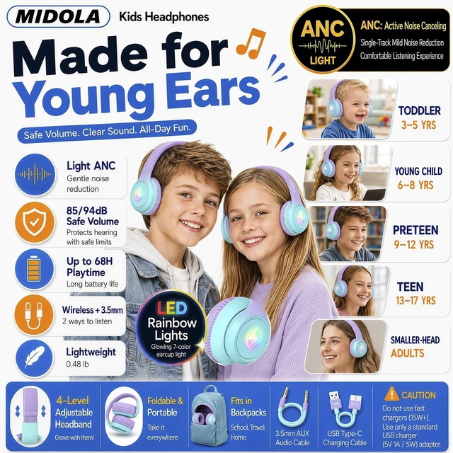 Alt view image 6 of 7 - Kids Bluetooth Headphones Wireless Over-Ear,60H/8H with LED Light,85/94dB Volume Limit,Active Noise Cancelling,Foldable Over-Ear for Toddler School/Home Girls Boys Tablet,Stereo Sound,Built-in Mic
