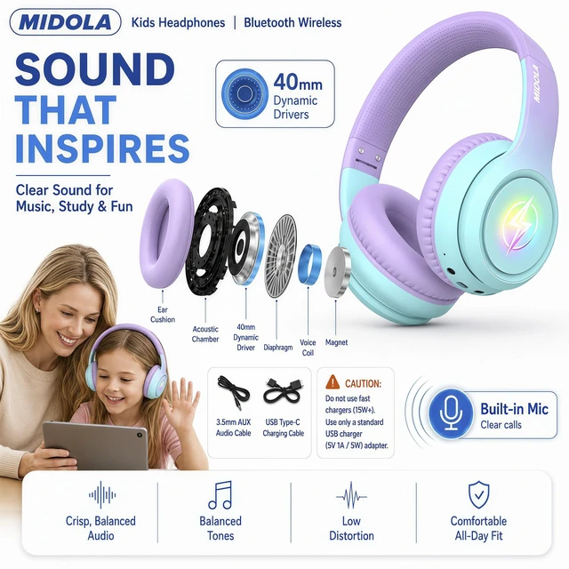 Alt view image 7 of 7 - Kids Bluetooth Headphones Wireless Over-Ear,60H/8H with LED Light,85/94dB Volume Limit,Active Noise Cancelling,Foldable Over-Ear for Toddler School/Home Girls Boys Tablet,Stereo Sound,Built-in Mic